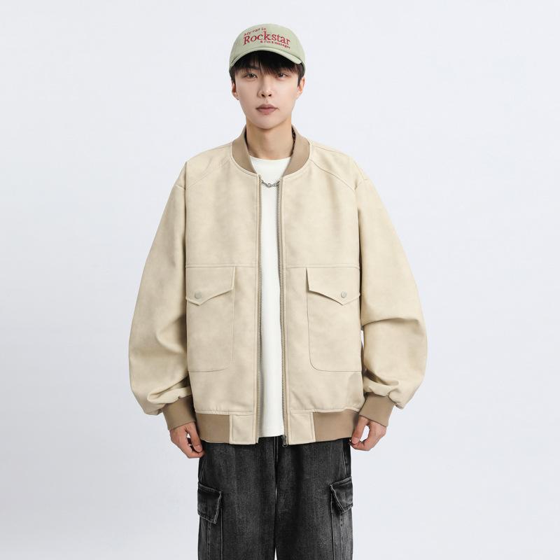 Autumn new large size fat couple casual Hong Kong style PU leather jacket men's loose solid color coat