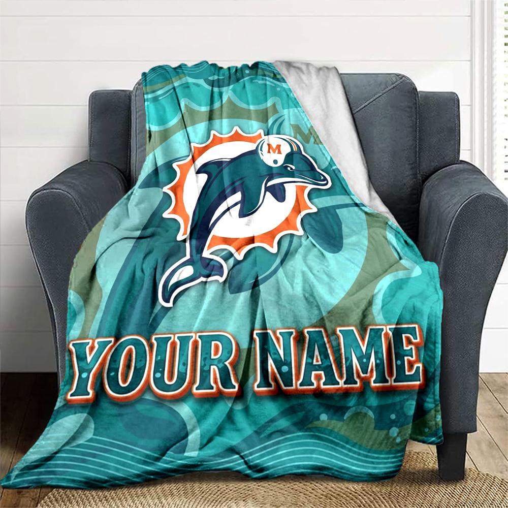 Name Custom Miami Dolphins Logos Print Flannel Blanket High Quality Warm Comfortable Cover for All Seasons Perfect for Gifts Home Decor