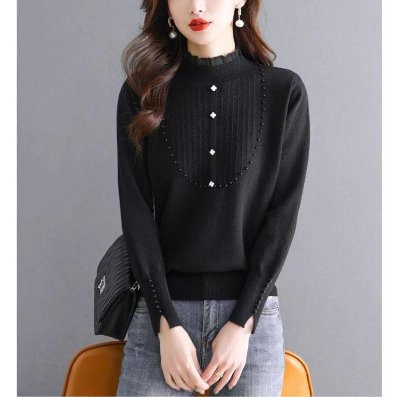 Lace integrated fleece bead sweater with women's new autumn and winter lace wood ear edge semi-turtleneck knitted sweater bottoming shirt