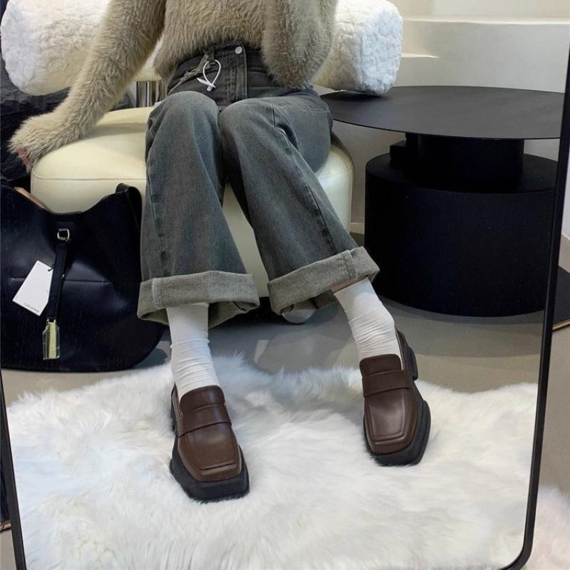 Retro Thick-soled Square-toe Women's Loafers Black British Style Versatile Spring Single Shoes Small Leather 2025