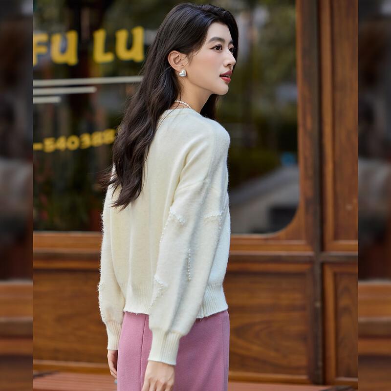 Bailuyu Elegant Beaded Round Neck Drop Shoulder Knit Sweater