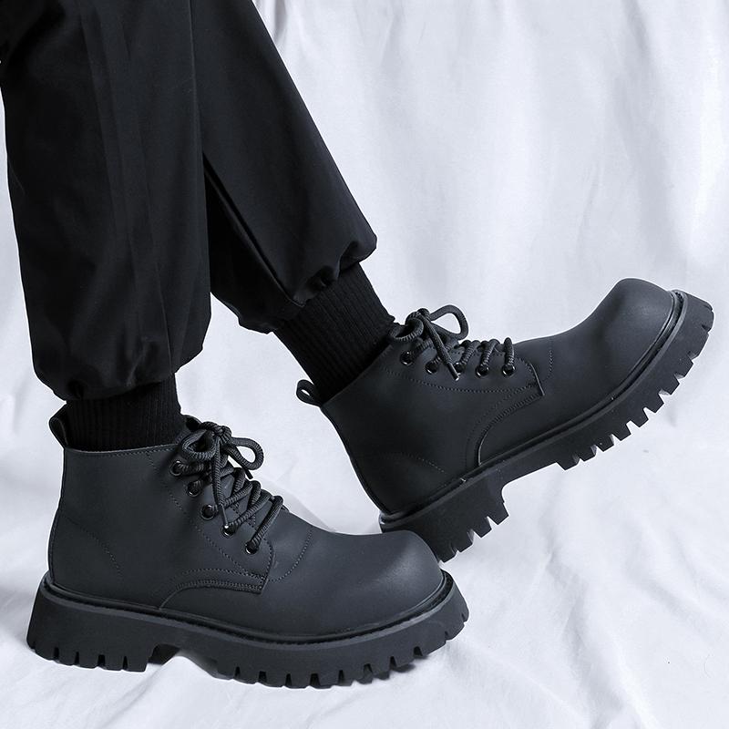 Winter Velvet Lace Up Outdoor Ankle Boot Business Formal High Top Leather Shoes New Thick Soled Round Toe Men's Motorcycle Boots
