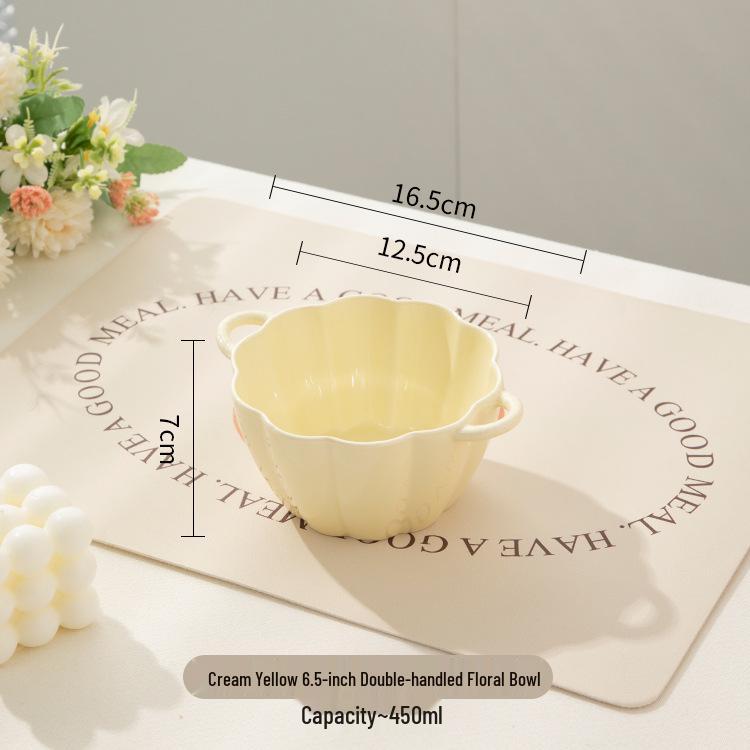 Cute Double-Handled Ceramic Bowl & Plate Set - Ideal for Instant Noodles, Soup, & More with Spoon & Chopsticks