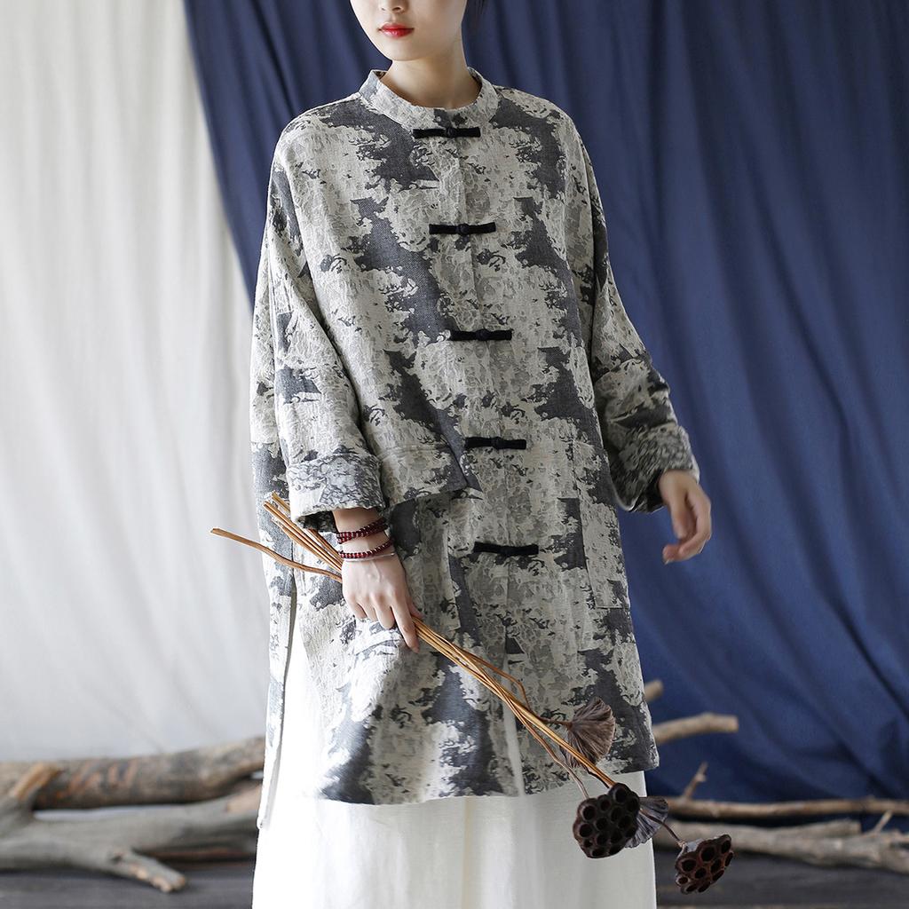 Johnature Women Vintage Jacquard Stand Long Sleeve Trench Button Spring Coats Chinese Style Patchwork Pockets Trench