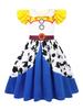 Girls Western Style Dress with Printed Vest and Bandana Design Short Puff Sleeves and Gathered Skirt for Halloween Costume Party Dress Up