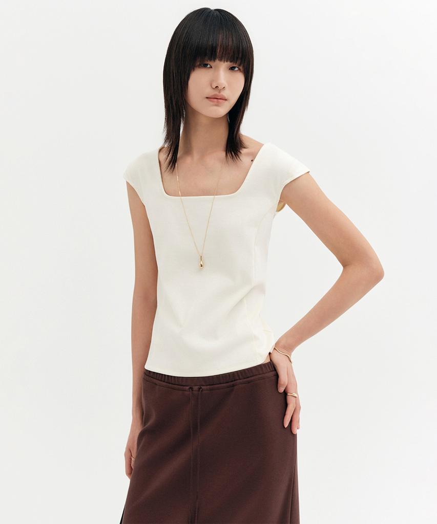 Lugkaeseuteu Marie Square Neck Cap Sleeve Slim T-Shirt / Marie Square Neck Cap Sleeve Slim T-Shirt_4Colors