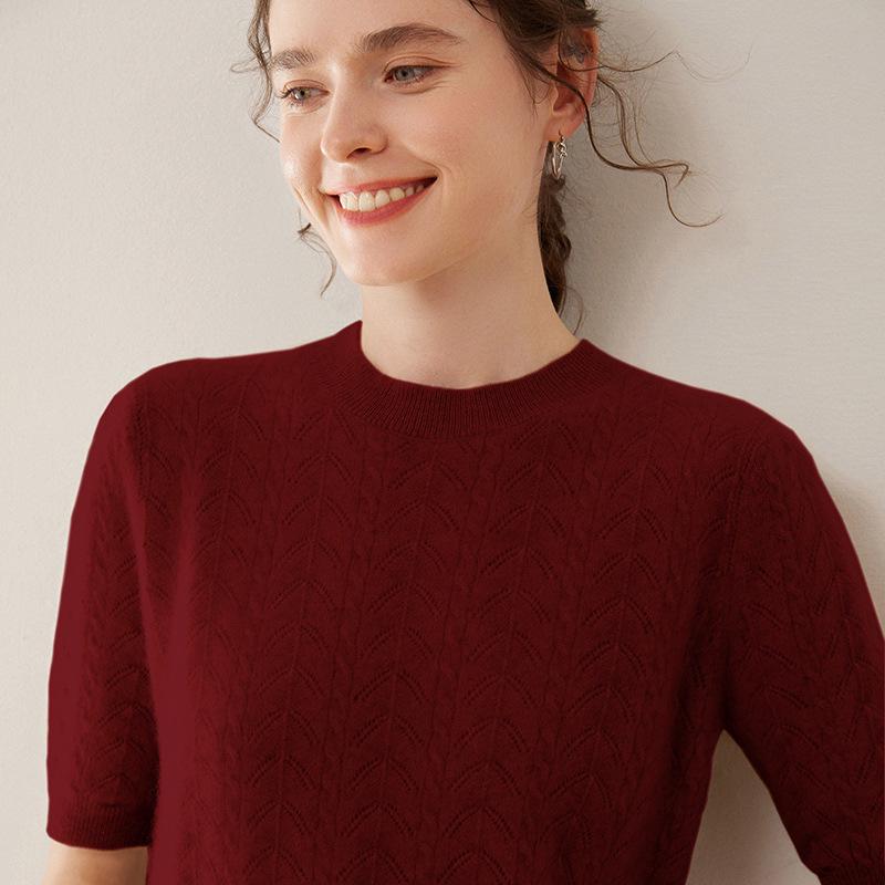 

Женский кашемировый свитер с коротким рукавом и круглым вырезом - Тонкий, однотонный, универсальной вязки Medium