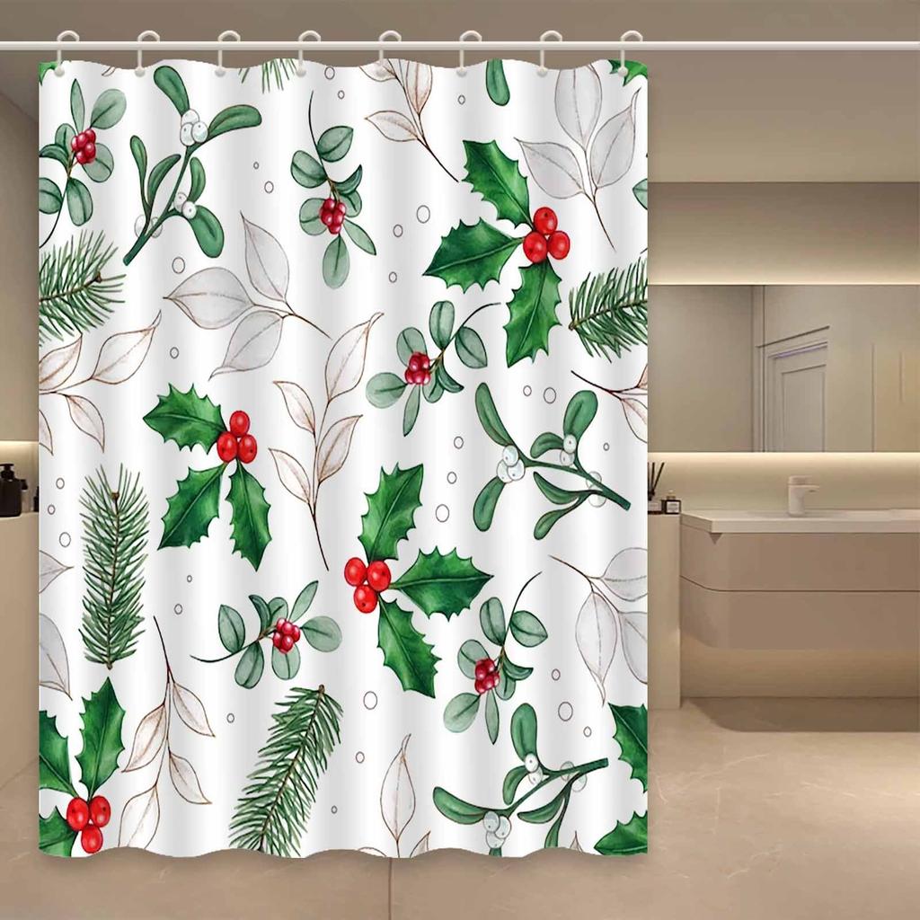 1Pc Fresh Christmas Pine Branch Pattern Shower Curtain, Polyester Fabric, Machine Washable, Suitable For Bathroom Decoration