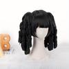 Black Double Braided Ponytail Wig Slant Bangs Spiral Curly Fluffy Layered Glossy Soft Synthetic Cosplay Anime