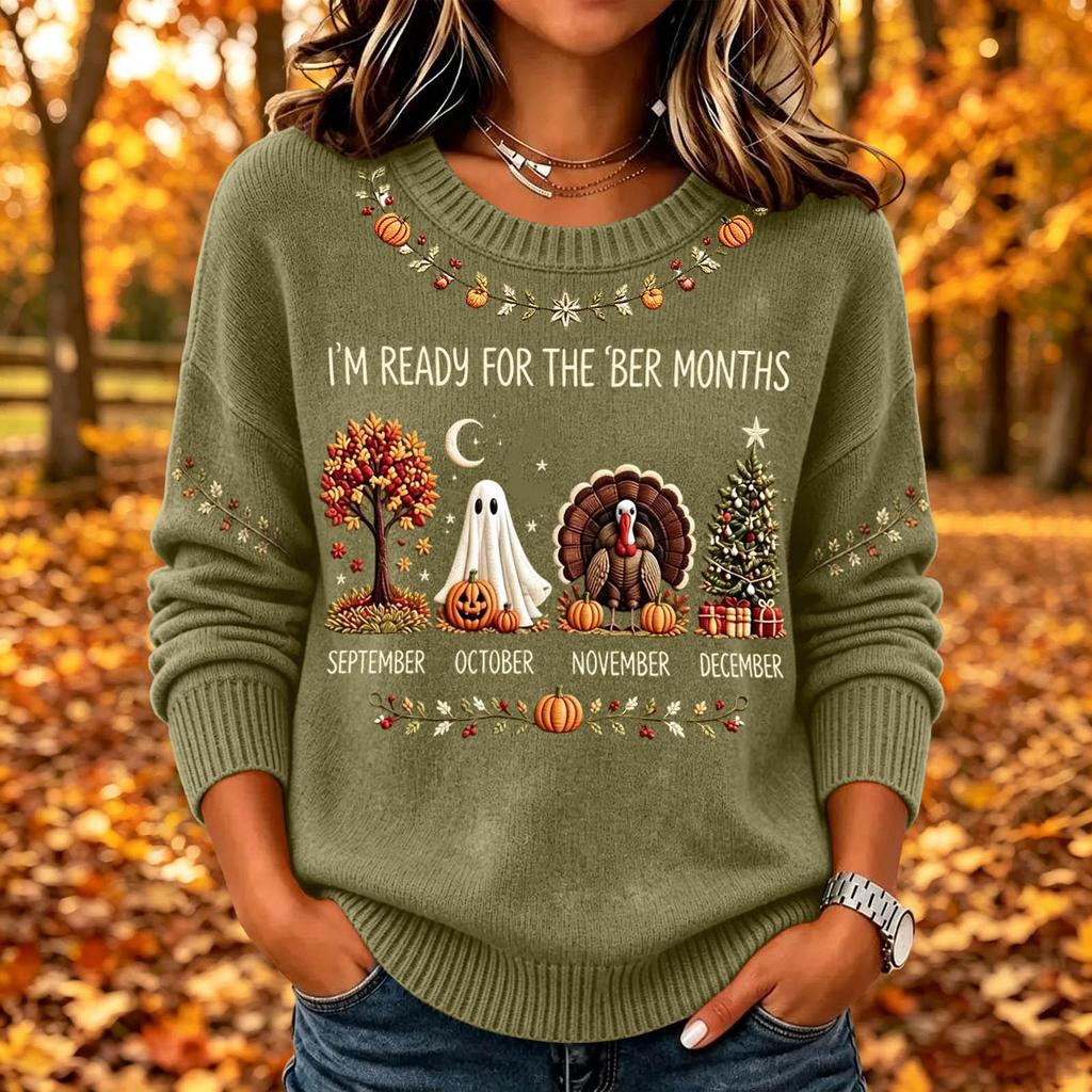 Women's Casual Long Sleeve Printed Crewneck Knit Top for Everyday Wear and Outings