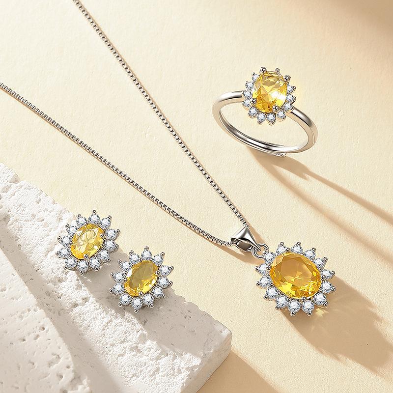 Blue Red Yellow Green Purple and White Gemstone Zircon Princess Crown Necklace Set Ring Earrings Pendant Female