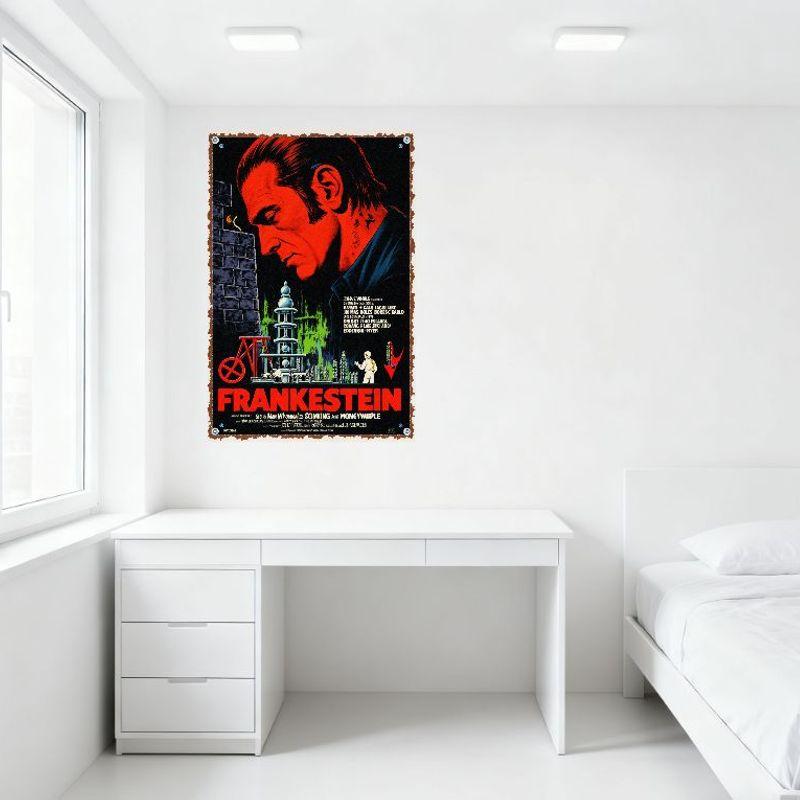 Vintage Frankenstein Movie Poster Metal Tin Sign Red Gothic Sci-Fi Horror Art Wall Decor for Man Cave Home Bar Cafe Decoration
