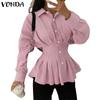 VONDA Womens Casual Lapel Long Sleeve Ruffled Striped Texture Slim Waist Rumple Blouse Shirts Nonelastic
