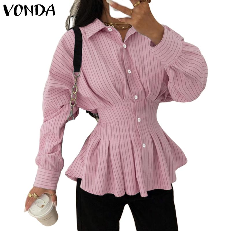 VONDA Womens Casual Lapel Long Sleeve Ruffled Striped Texture Slim Waist Rumple Blouse Shirts Nonelastic
