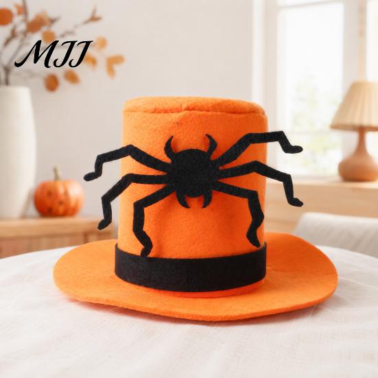 Comfortable Dog Hat Halloween Cat Top Hat, Orange with Adjustable Strap, Breathable Headwear Black Spider for Small Dogs Festive Party Costume