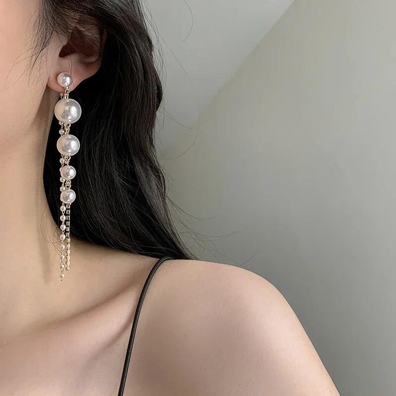 Long Imitation Pearl Tassel Dangle Earrings For Women Trendy Drop Earrings Vintage Party Jewelry Gift