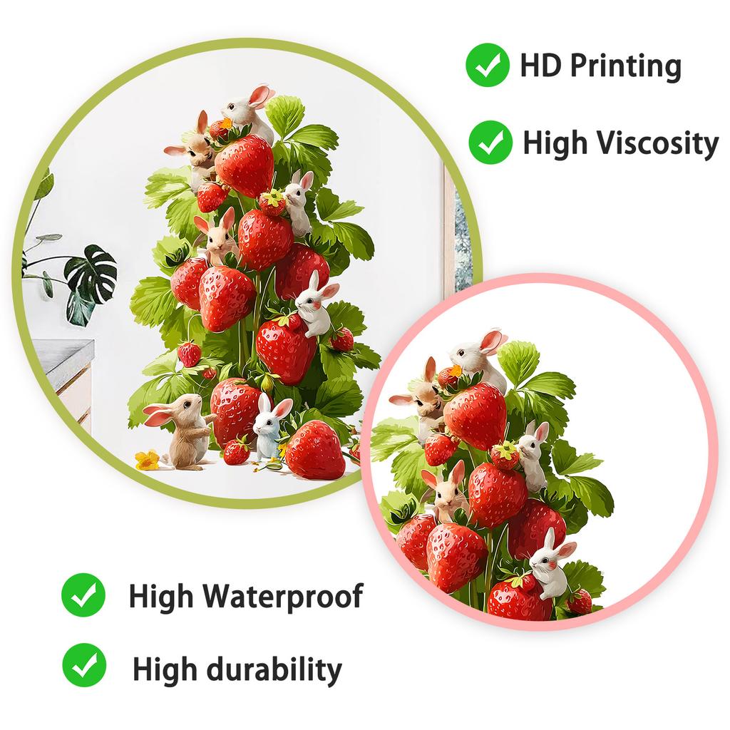 Cute Rabbit Strawberry Tree Wall Sticker Cartoon Creative Self-Adhesive Removable Kitchen Bedroom Home Decor Art