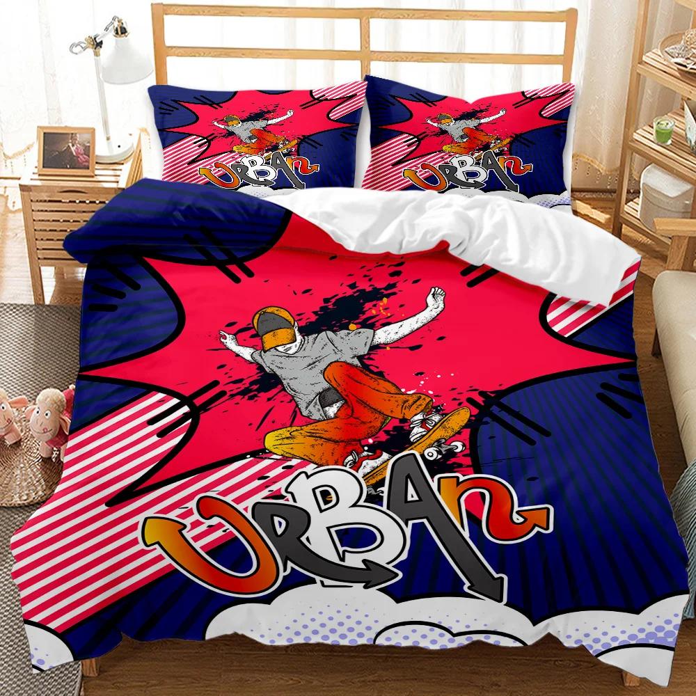 Skateboard Dynetrekksett Skateboardspiller Hip Hop Sengetøy Tenåringer Gate Hobby Sport Hippie King Size Polyester Dynetrekk