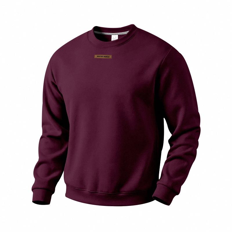 Men's Crew Neck Sweatshirt Solid Color Long Sleeve Pullover Top with Small Chest Label Casual Loose Fit Daily Wear Sweatshirt