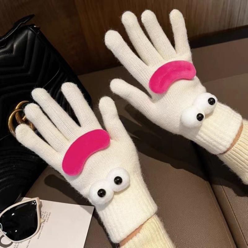 Cartoon gloves women's winter wool knitted thickened to keep warm and cold students cute and funny, showing fingers can be versatile