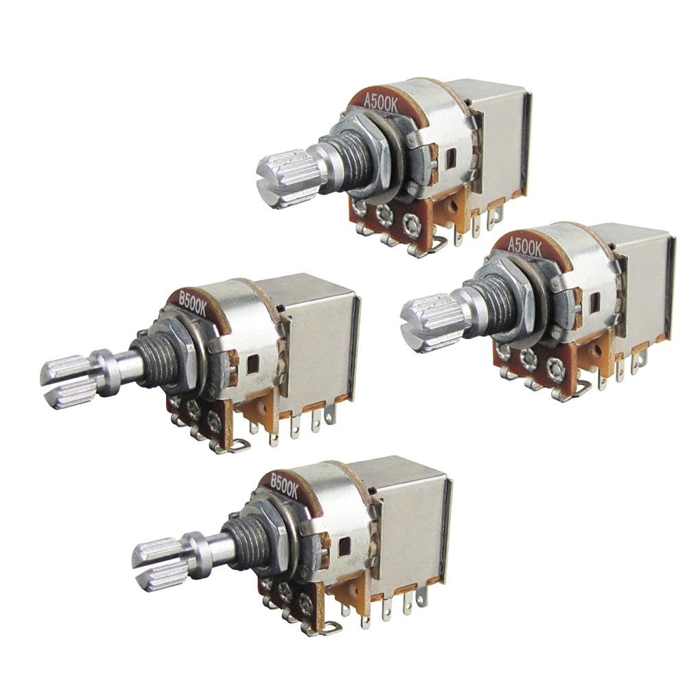FLEOR Guitar Short Split Shaft Tone and Volume Guitar Pack of 4 A500K+B500K Push-Pull Pots, 18-Spline Potentiometers,