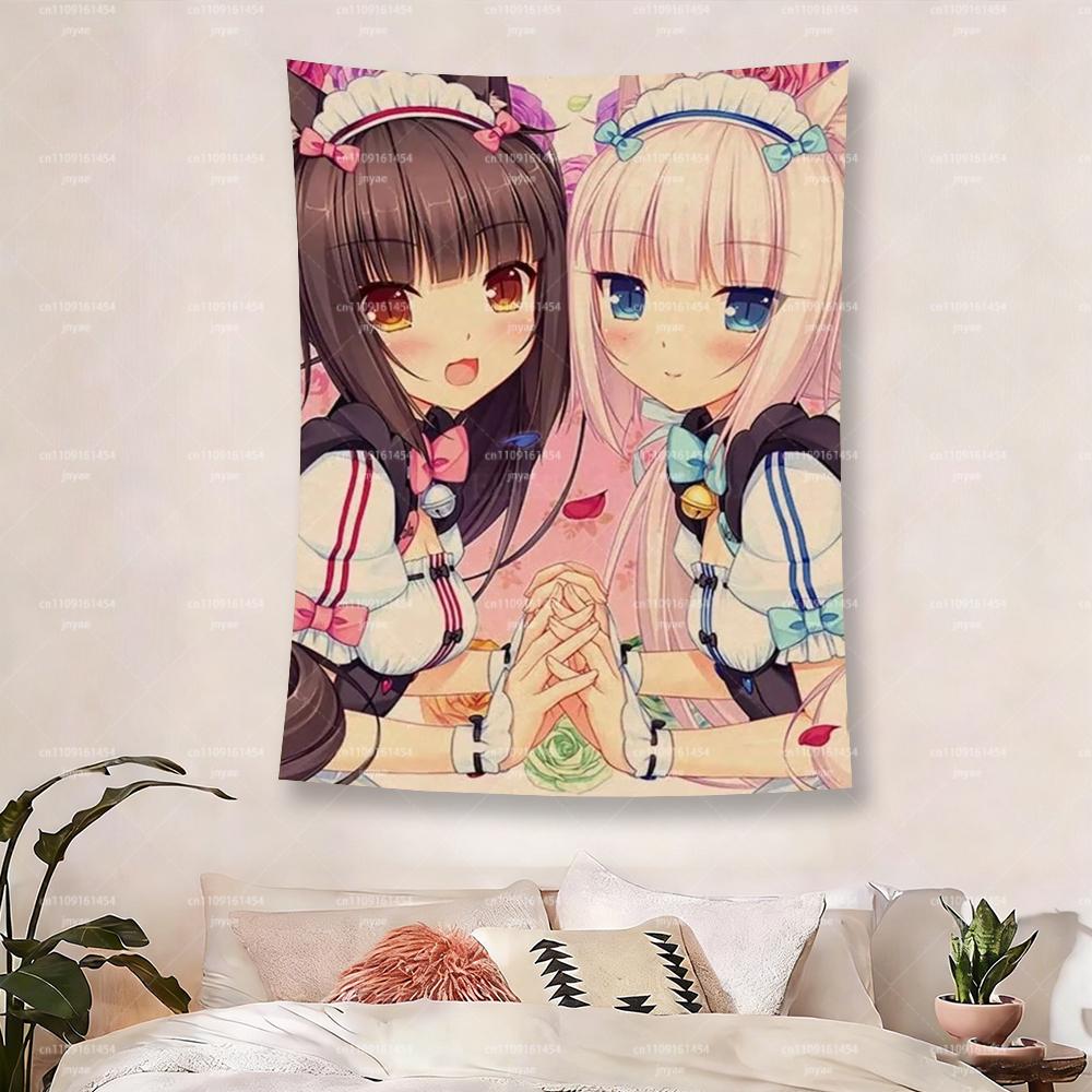 Nekopara Chocola Vanilla Tapestry Anime Cat Maid Girls Wall Hanging Pink Floral Kawaii Bedroom Dorm Decor Soft Fabric