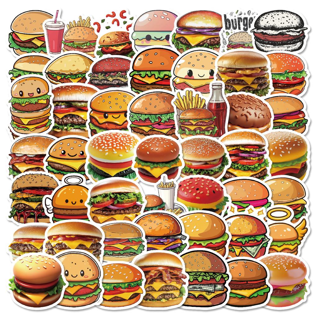50Pcs Cute Cartoon Burger Stickers – Waterproof Reusable Decals for Luggage, Laptop, Journal