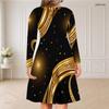 Women Plus Size V Neck Long Sleeve Black Floral Printed Curved Hem Dress