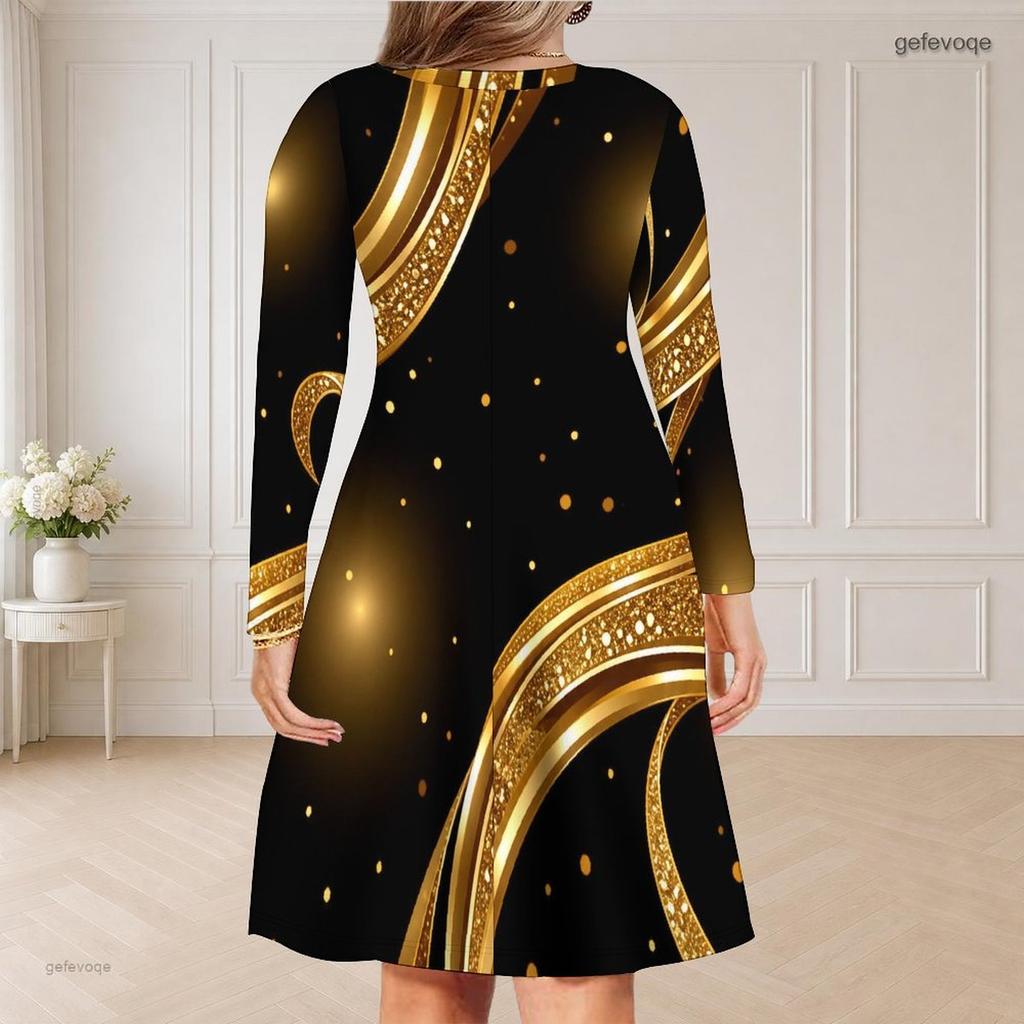 Women Plus Size V Neck Long Sleeve Black Floral Printed Curved Hem Dress