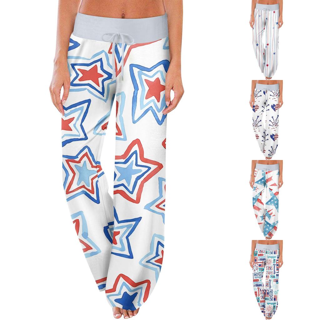 Damen Casual Sporthose mit Retro-Prints, perfekt für den Unabhängigkeitstag, mit Taschen und langer Länge.