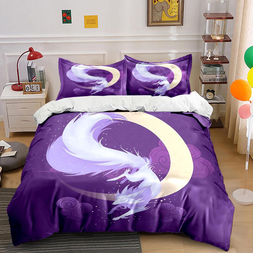 3Pcs Mystical Nine-Tailed Fox Bedding Set, Crescent Moon Print Duvet Cover + 2 Pillowcases, Fantasy Decor
