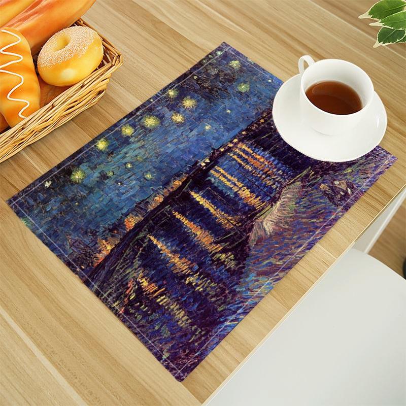 Van Gogh The Starry Night Print Linen Dining Table Mats Alphabet Kitchen Placemat 30X45cm Coasters Pads Bowl Cup Mat