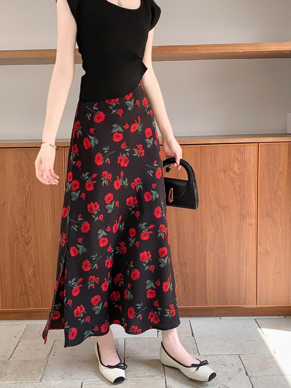 French Retro Print Chiffon A-Line Midi Skirt with Slit - Seaside Vacation Style