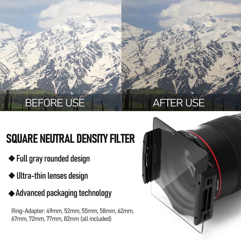 Square Neutral Density Filter Kit ND2+4+8+16 Filter Set with Ring Adapter and Filter Holder Camera Photography