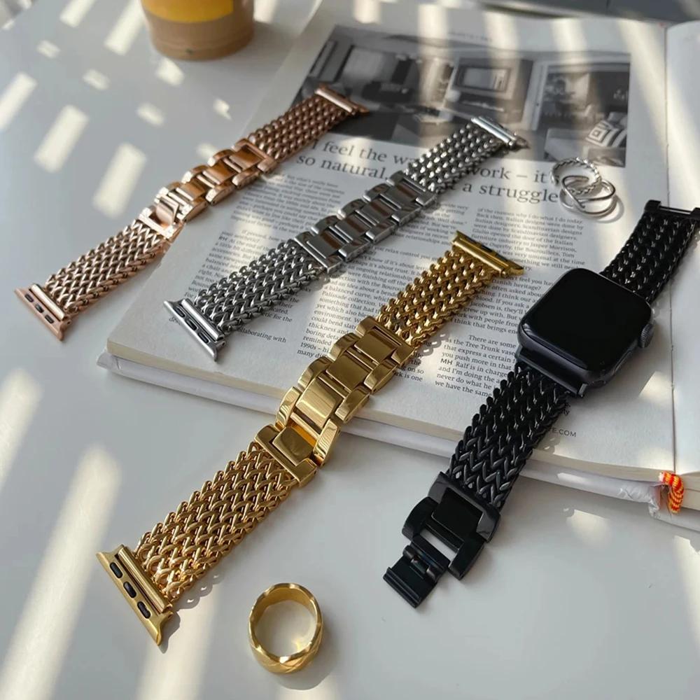 Luxuriöses Edelstahlarmband für Apple Watch 9 8 7 6 SE 5 3 45/44/42/41 mm geflochtenes Metallarmband Correa iWatch Ultra 49 mm 40 38 mm