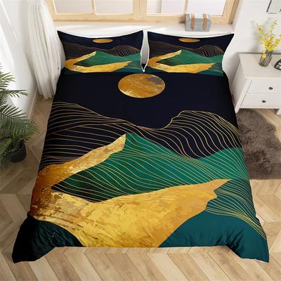 Farmhouse Style King Queen Abstract Landscape Duvet Cover Microfiber Mid Century Black and Gold Quilt Cover Bedroom Decorations
