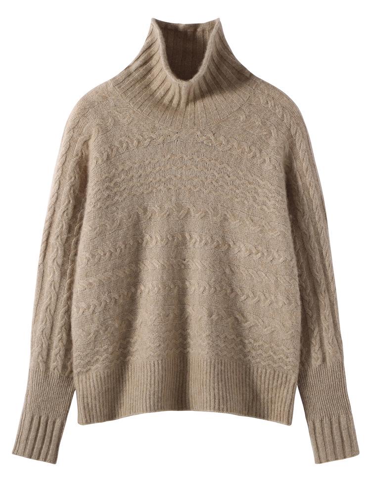 Autumn Winter Retro Cable Knit High Neck Cashmere Women's Sweater - Loose Fit, Solid Color Pullover