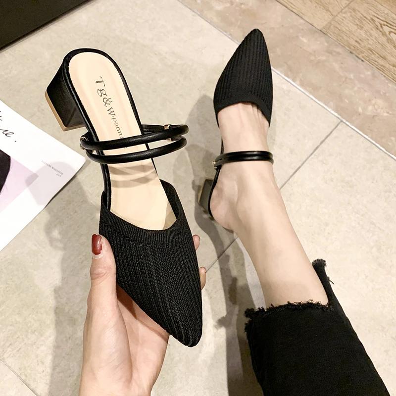 Fashion Summer New Women Pointed Toe Fashion Two-wear Comfortable Sandals Female Thick Heel Sexy Elegant Slippers Ladies Slides Shoes