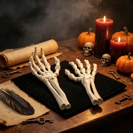 Coppia di Mani Scheletriche 3D Vintage Usurate Colore Osso, Prop Halloween Articolato Modellabile, Decorazione Artiglio Spettrale per Casa Infestata, Festa da Brivido