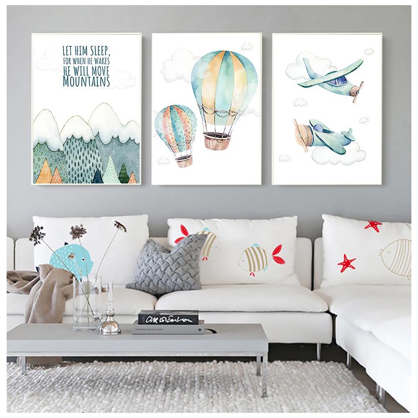 Kind Abenteuer Poster Druck Aquarell Kunstwerk Flugzeug Ballon Leinwand Malerei Wand Bild Nordic Kinder Junge Schlafzimmer Dekoration