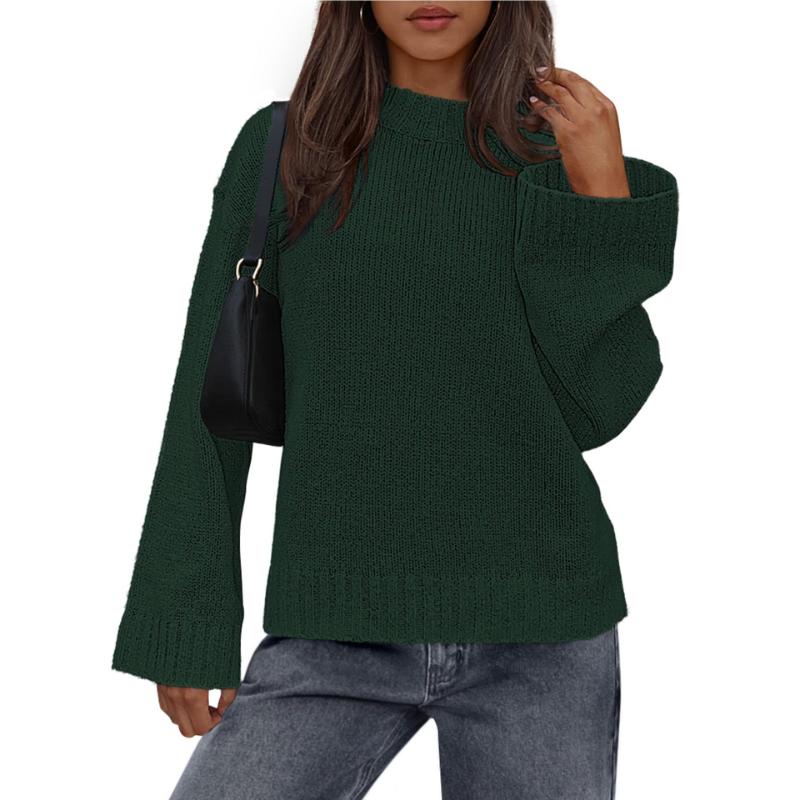 Autumn and Winter Casual Round Neck Loose Solid Color Long Sleeve Bell Sleeve Knitted Sweater for Women