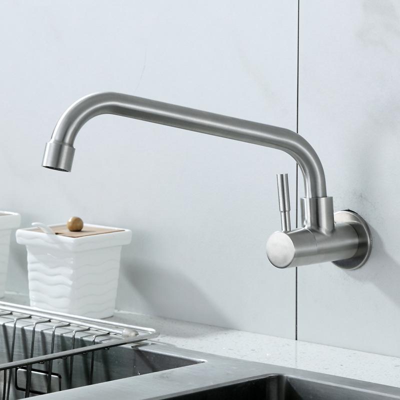 Modern Wall Mounted Single Cold Water Tap Kitchen Sink Faucet 304 Stainless Steel Brushed Ceramic Single Hole Rotatable Balcony