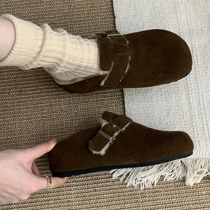 Winter Suede Women Flats Cotton Slippers Short Plush Designer Buckle Casual Mules Shoes 2025 Trend Warm Home Snow Botas De Mujer
