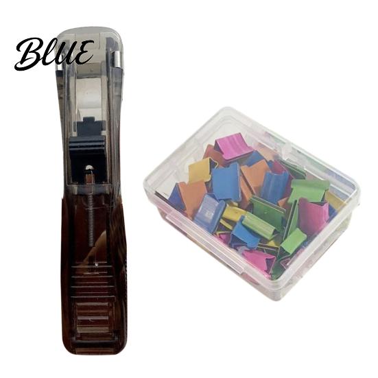Reusable Binder Clips Paper Clip Stapler Portable Dispenser No Hole Punching Pusher with 50 Refillable Transparent Metal Office School Supplies Home