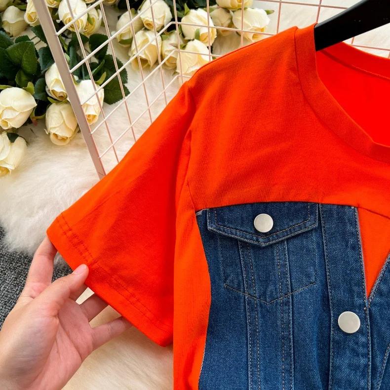 New Trendy Casual Dress Women's Contrast Vintage Denim Panel Short Sleeve Slim Fit Pencil Dress