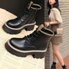 Black Inner Heightening Martin Boots Women's Platform Muffins and Soft Leather Side Zipper British Style Short Boots for Small People