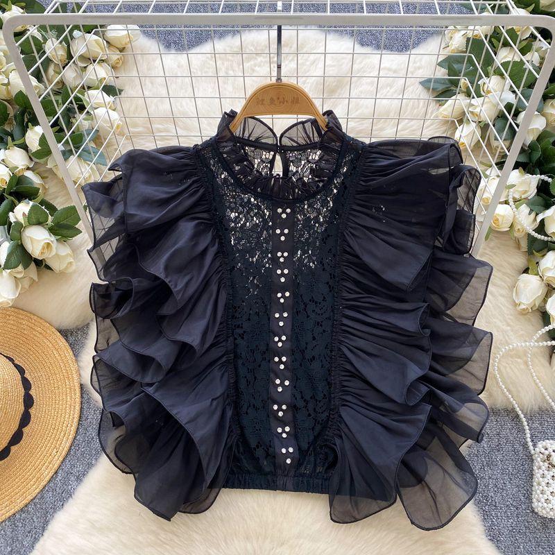 

Легкая роскошь Французский стиль Светская львица Высокое чувство Рубашки без рукавов Женские Летние Ажурные Крючком Оборки Темперамент Шикарный Топ Мода Black All yards