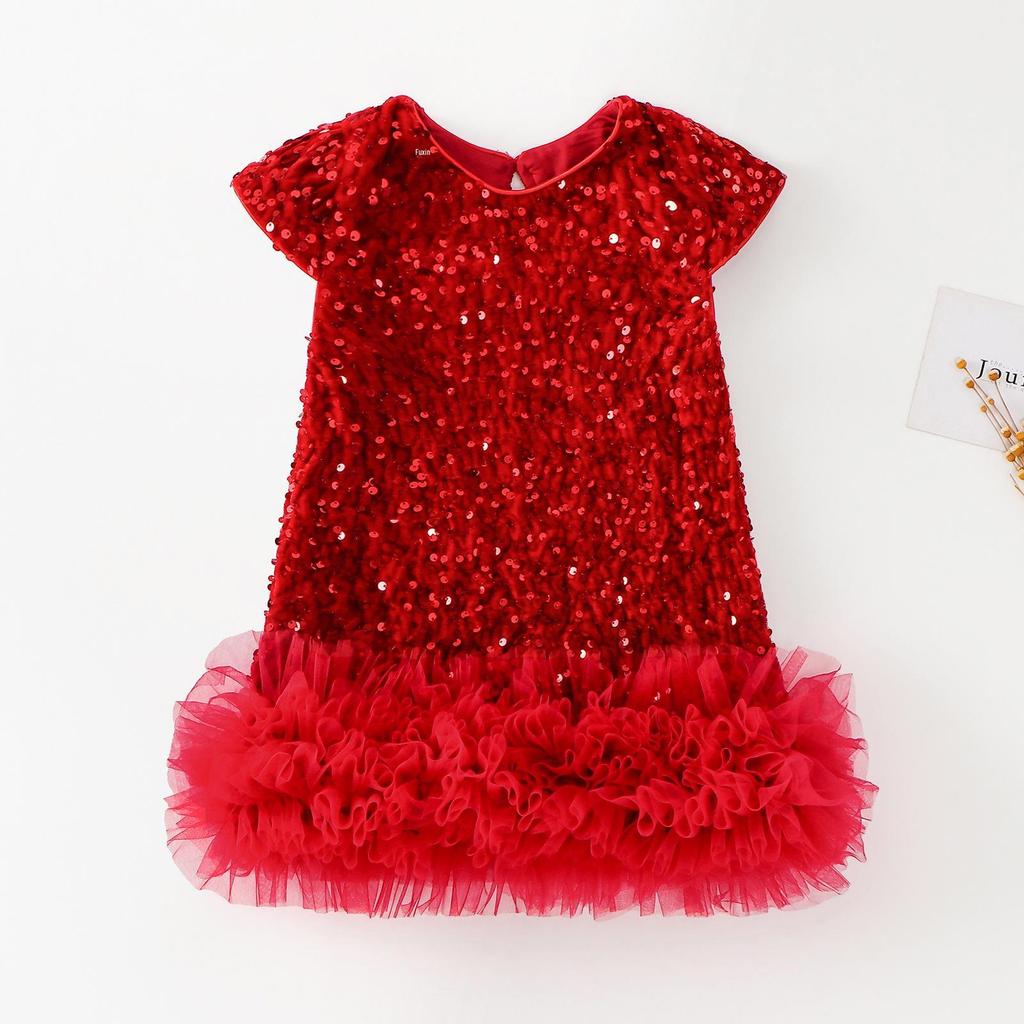 Girls' Sequin Princess Dress: 2025 Christmas Short-Sleeve Party Gown