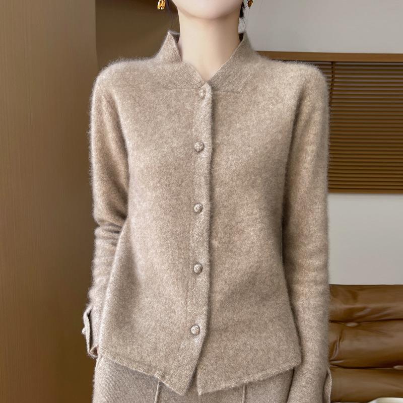 2024 Women's Stand Collar Wool Knit Qipao Cardigan - Casual Versatile Solid Color Sweater for Autumn/Winter