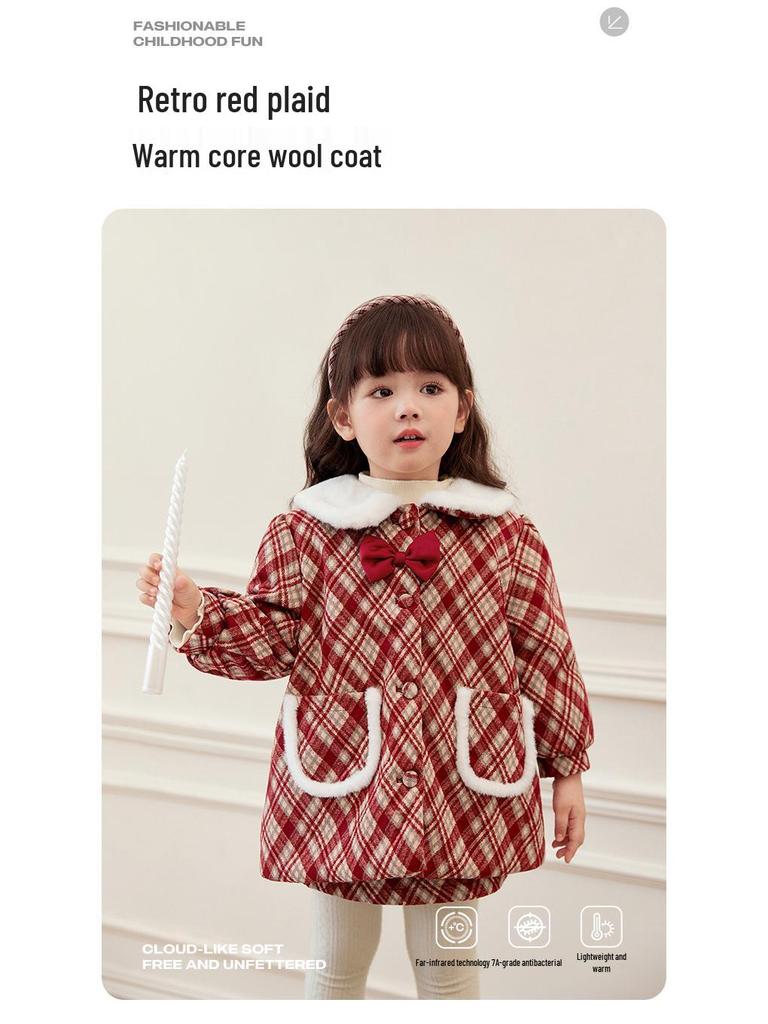 Girls' Red Woolen Jacket - Stylish Autumn/Winter Coat with Plus Velvet for Children